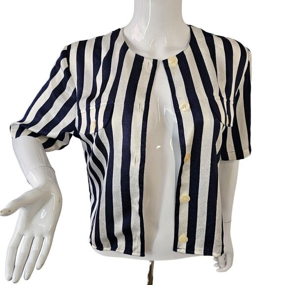 La Chine Petites Galinda Wang Striped Button-Up Shirt 6P Navy Silver Stripes 80s - Picture 8 of 10